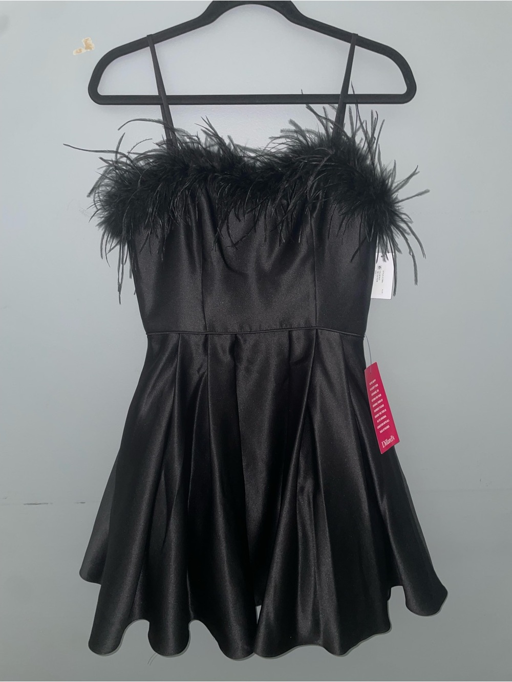 Blondie Nites Black Satin Faux Feather Homecoming/Party Dress